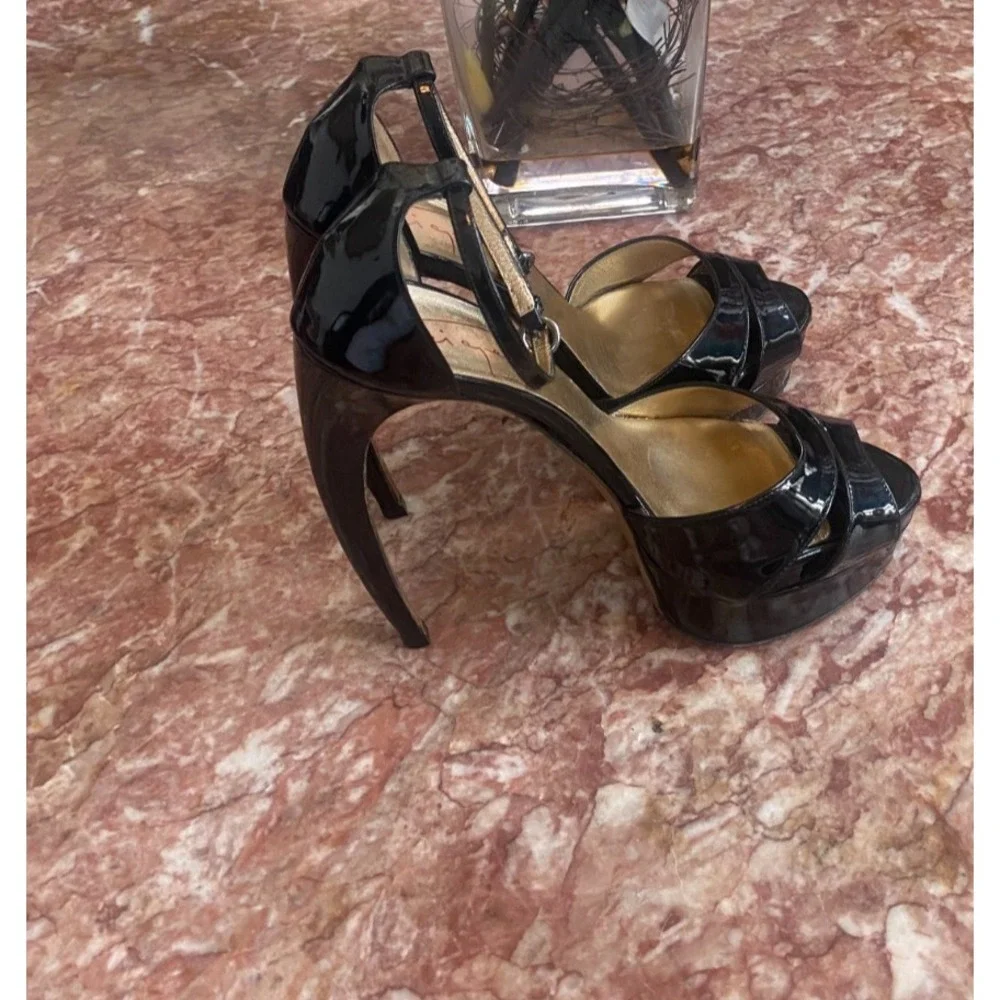 WALTER STEIGER Black Patent PLATFORM CURVED HEEL Shoes Size EU 39/ US 8.5, $895